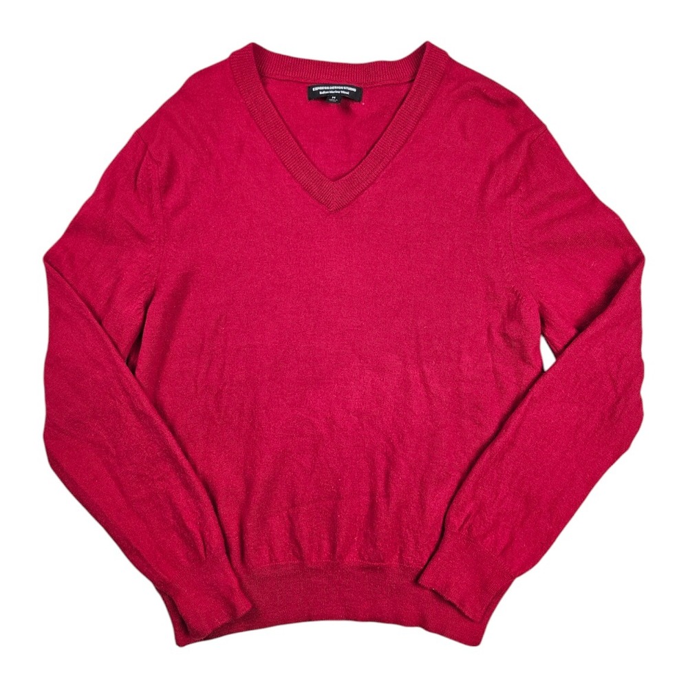 Express Design Studio Italian Merino Wool Sweater Mens Size Medium Red V-Neck‎